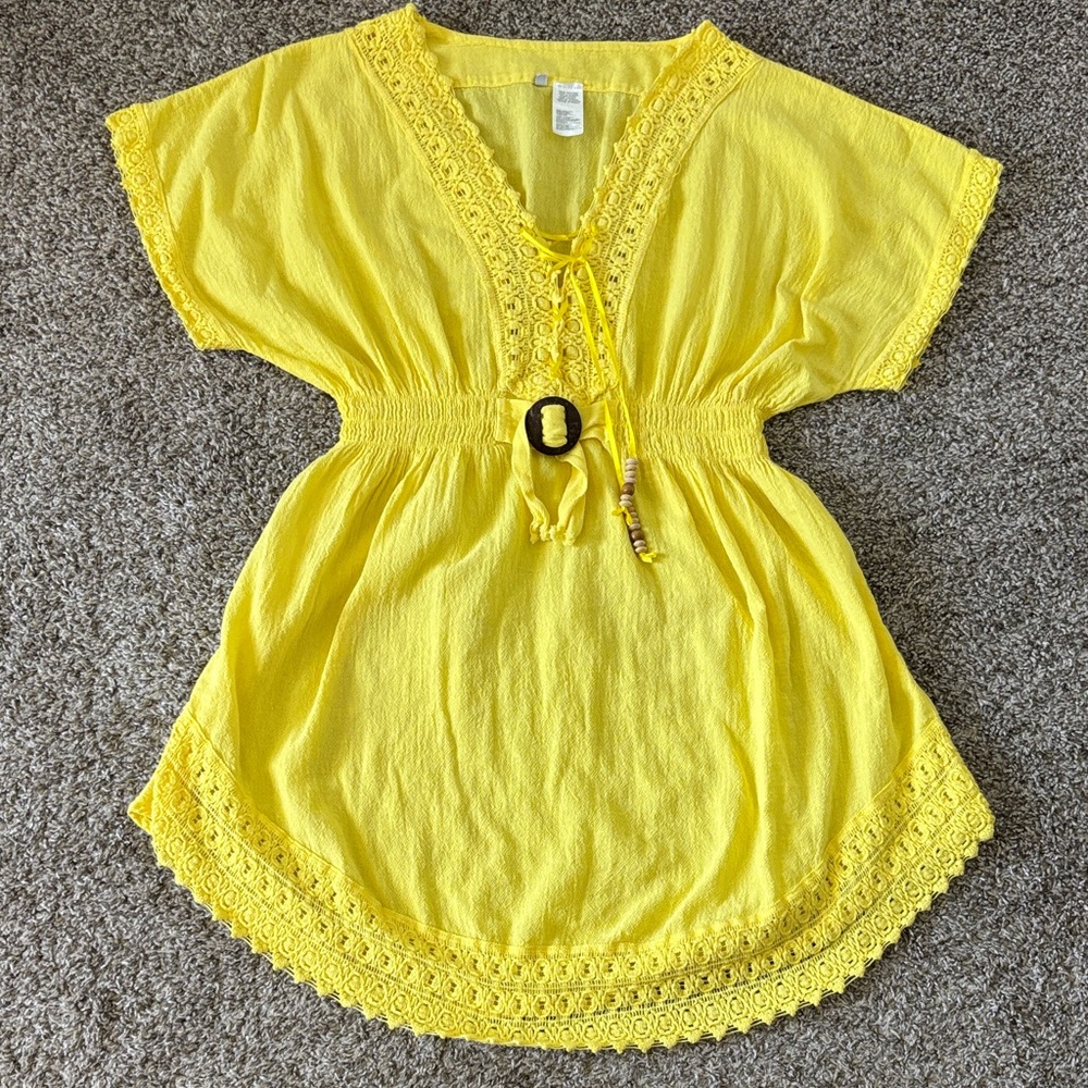 Boho Cover up Sunshine Yellow Tunic Crochet Trim Dress Size XL 100% Cotton